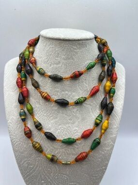 Handmade Multi-Color Paper Bead Necklace 60 in Jewel Tones